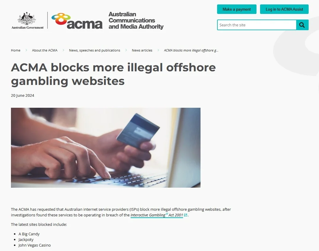 ACMA June 2024 notice naming A Big Candy in an Australian ISP blocking action